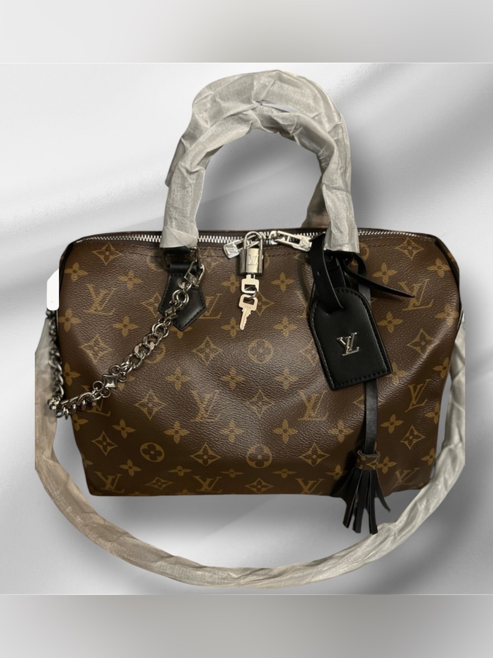 Elegant Fashion Brown Monogram Satchel with Black Trim and Tassel-NWOT